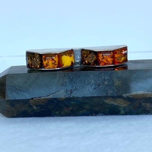 VTG Sterling Baltic Amber Multicolored Bar Brooch - Picture 2 of 15